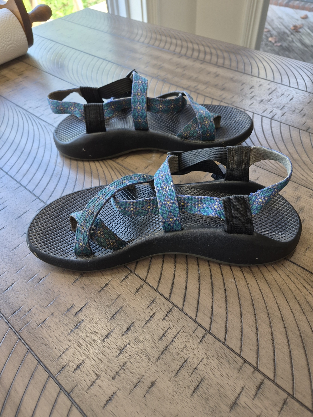 Chaco Teal Multi-Pattern Strap Sandals with Black Sole